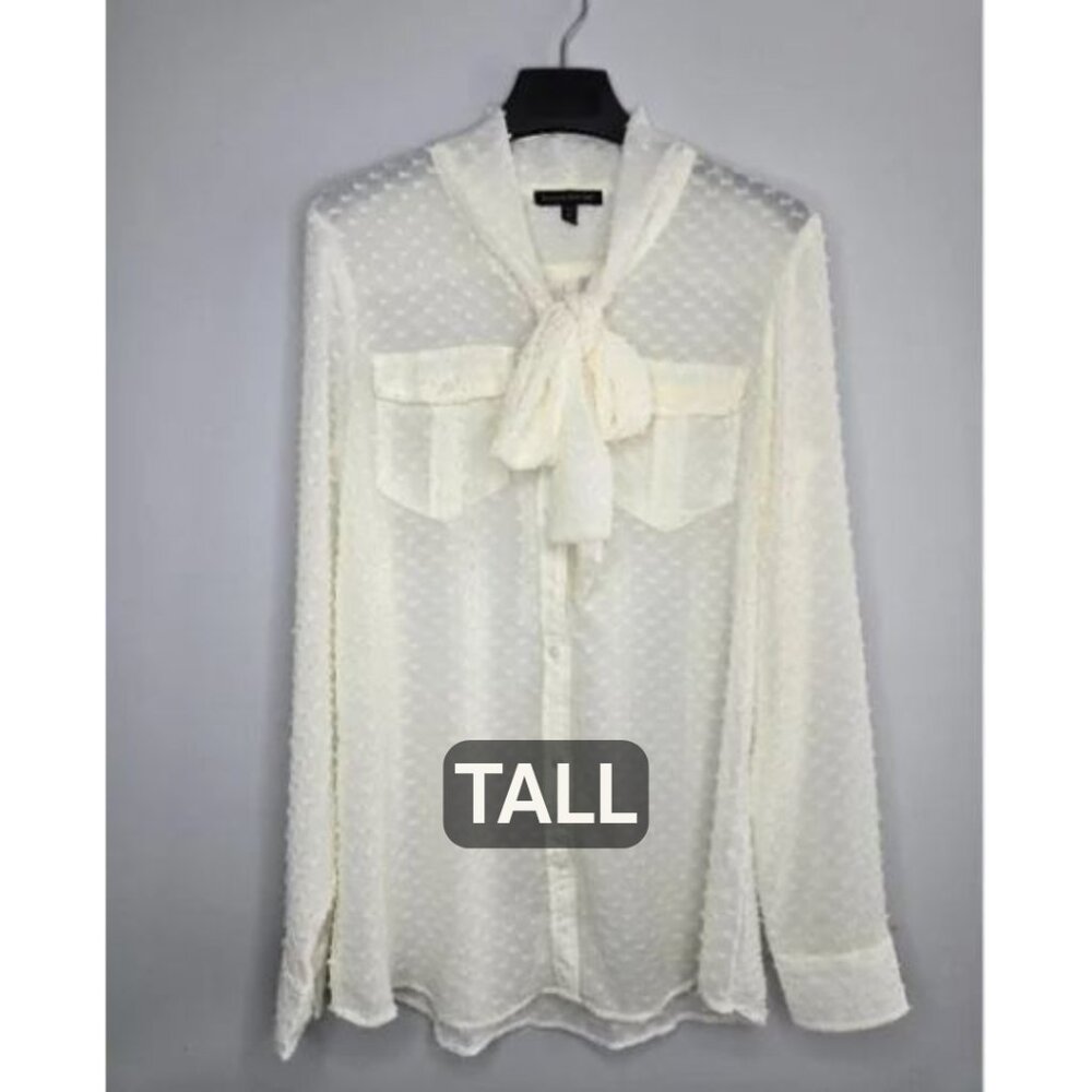 Banana Republic Ivory Textured Bow Detail Tie-Neck Blouse M Tall
